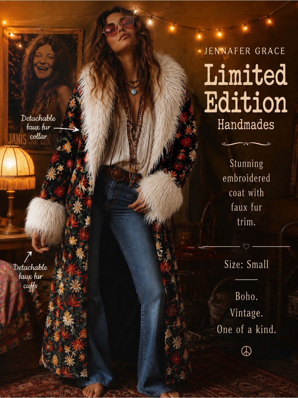 Jennafer Grace Handmade Embroidered Boho Coat with Faux Fur Trim Multi Floral S